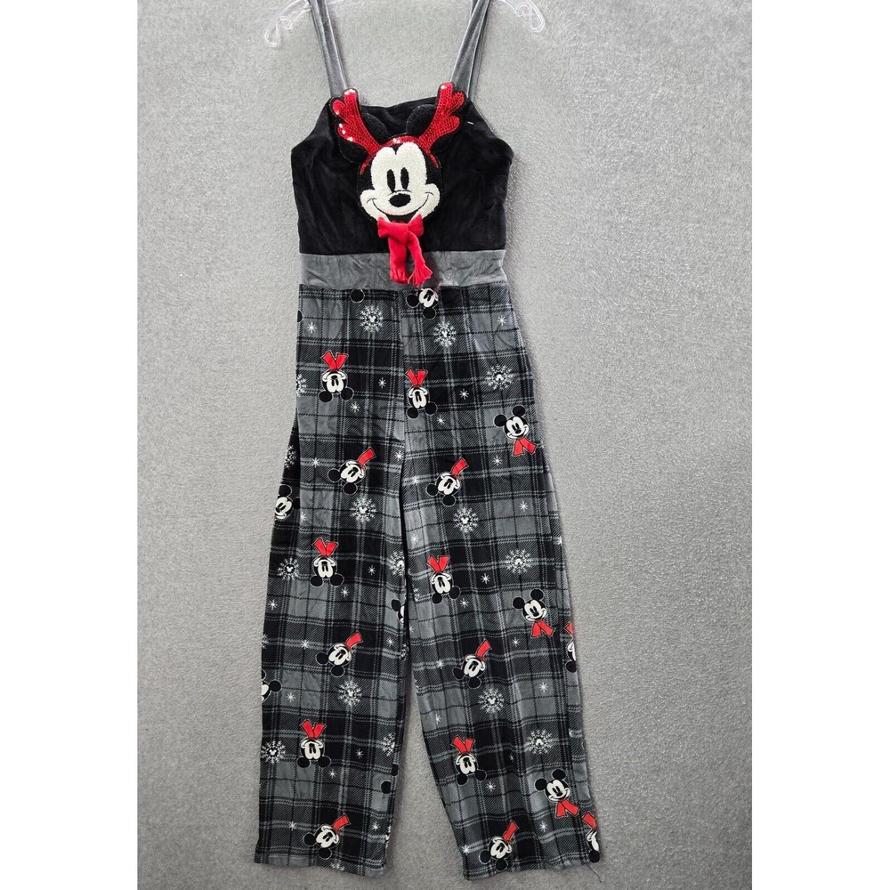 Disney Women Sleepwear Small Gray Plaid Juniors Velour Jumpsuit Mickey Mouse - Picture 1 of 10